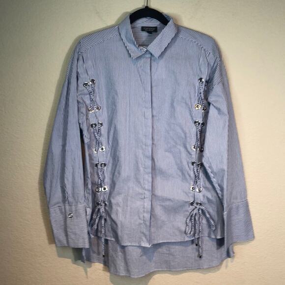 Topshop Striped Lace Up Poplin Button Down Shirt - Picture 4 of 12